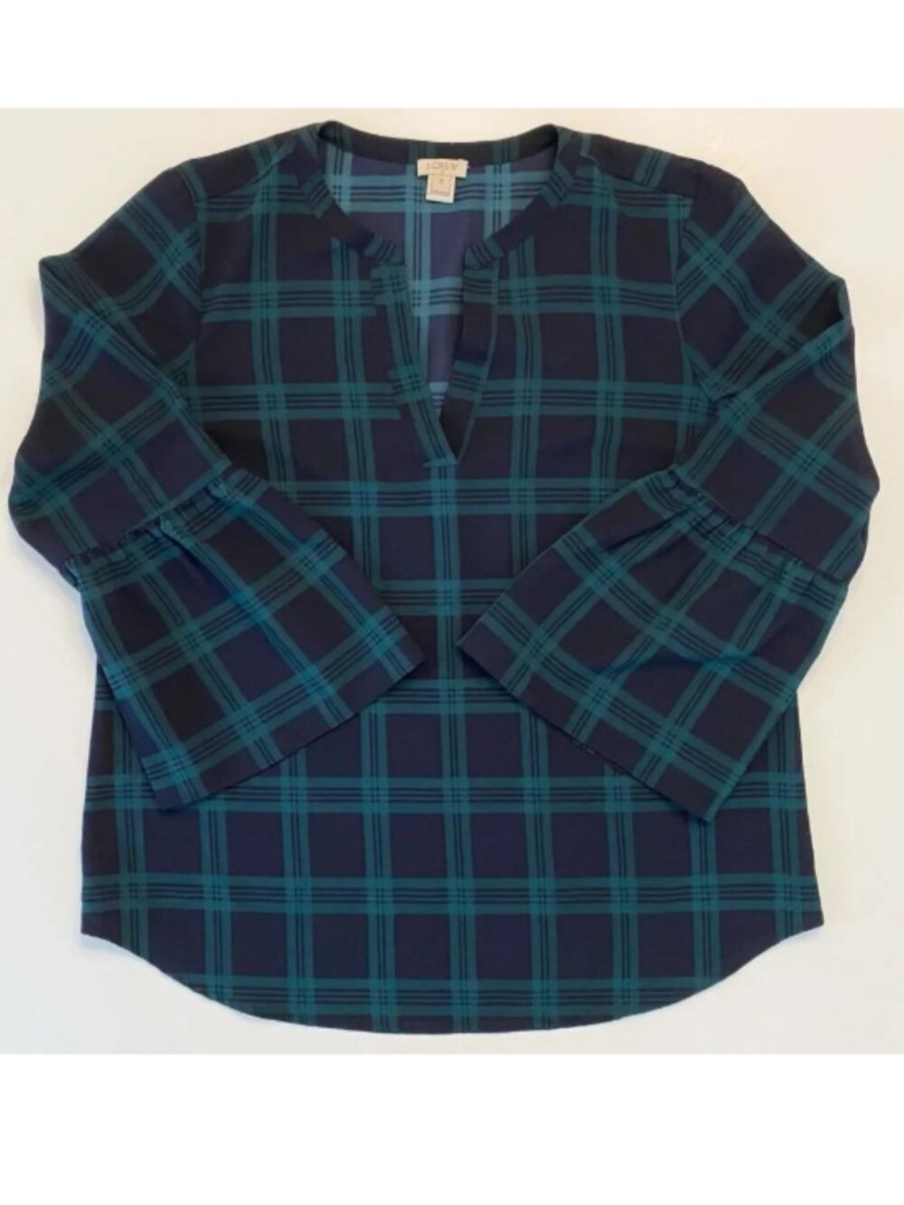 Like New J. Crew Blue Green Tartan Split-Neck Bell Sleeve Tunic M